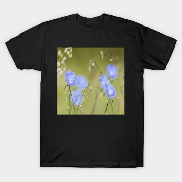 Blue Calming Flowers on Soft Focus Green Background Floral Print Happy Inspirational Design Cute Vacation Beach Wear & Gifts T-Shirt by tamdevo1